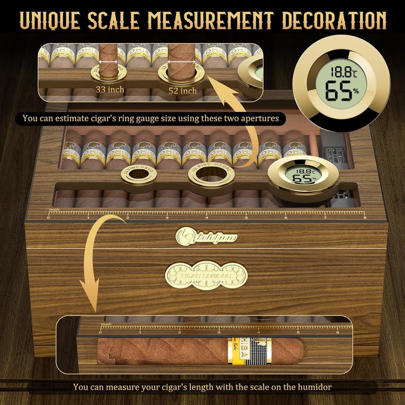 LIHTUN Cigar Humidor, Glass Top Desktop Cigars Case with Digital Hygrometer, Humidifier, Cigar Accessories Drawer and Measuring Scale, Cigars Humidors Box for Men Gift - Image 5